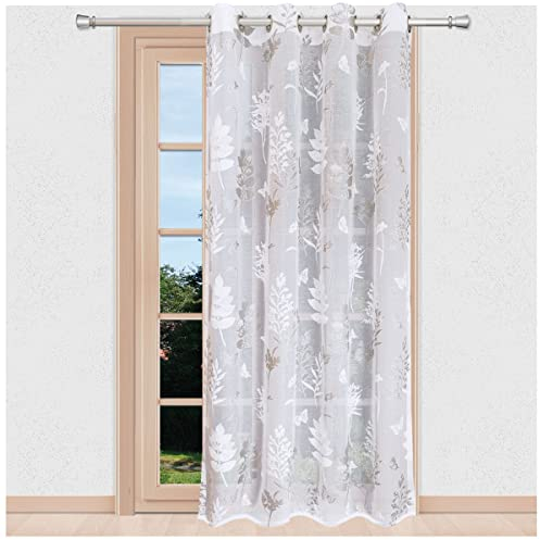 SeGaTeX home fashion Langstore Avara Ösenschal als Fertigstore weiß-Silber halbtransparent Gardine mit Blatt-Muster und Schmetterlingen Vorhang Ausbrenner Höhe 150-260 cm x Breite 500 cm