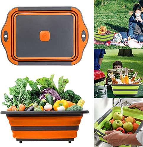 Barrageon Plegable Tabla Cortar Multifunción Cocina Vegetales Fruta Desagüe Plegadizo Cesta Lavar Platos Lavabo Cuenco Lavado Limpiar Comida Almacenamiento Cámping Picnic (Gris + Naranja)
