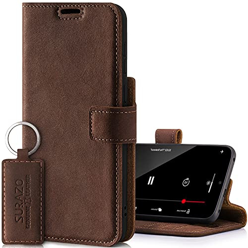 SURAZO Prestige Leather Case for iPhone 13 - RFID Wallet Flip Cover with 3 Card Slots & Cash Pocket - Secure Magnetic Closure & Kickstand - Real Leather Folio Bumper (Nut)