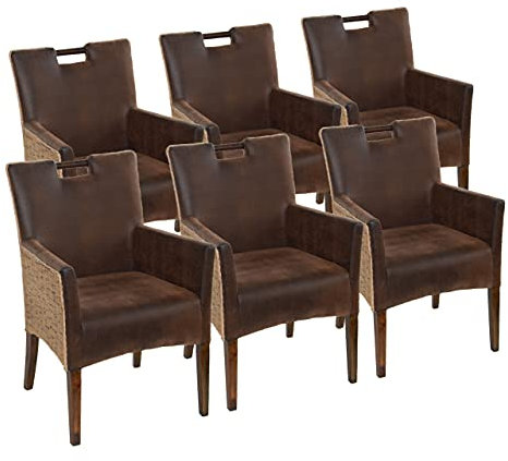 kreatives Wohnen Esszimmer Stühle Set 6 Stück Rattan Armlehner Sessel Bilbao vollgepolstert Polster Prairie Brown, Holz, Hellbraun, Extra breit