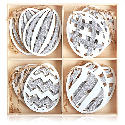 com-four® 12x Dekoaufhänger Ostern - Osterschmuck aus Holz zum Aufhängen - Holzaufhänger für den Osterstrauß grau/weiß mit Streifen (12 Stück - Eier mit Streifen)