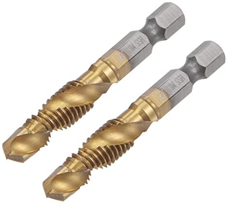 sourcing map Combination Drill and Tap Bit, 1/4 Hex Shank M8 x 1.25 Metric Titanium Coated High Speed Steel 4341 Spiral Flute Drilling Tapping Tool 2pcs