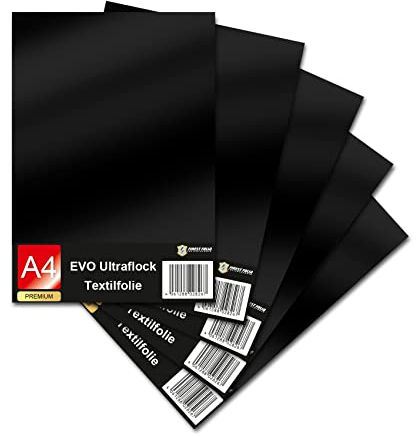 Evo Ultraflock Textilfolie für Plotter 33 Farben Flockfolie im Din A4 Format 30x20cm Plotterfolie für Stoff Kleidung T-Shirt Flock Folie Zubehör (5er Set, 000 Schwarz)