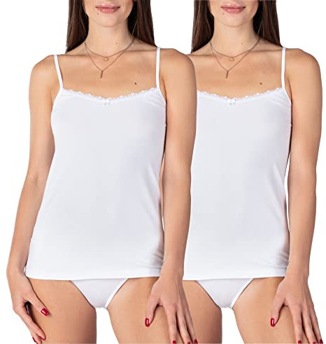 Bellivalini Damen Unterhemd aus Baumwolle mit Spitze BLV50-221 (2er-Pack: Weiß, L)