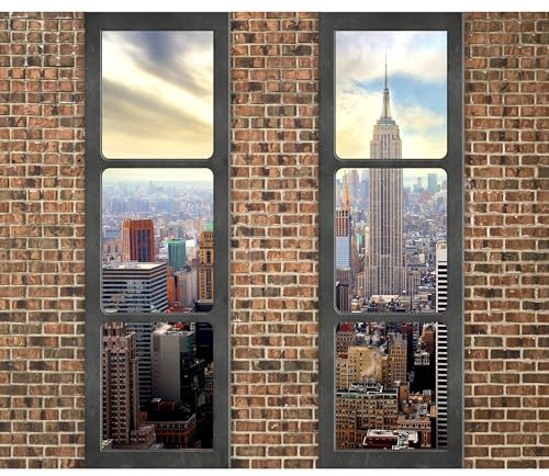 decomonkey - Papier Peint Panoramique Adhésif New York 294x210 cm - Stickers Muraux Salon Chambre Déco XXL Autocollant Murale Bureau - Noir gris blanc beige - Vue de new york depuis la fenêtre