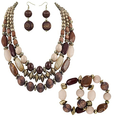 Bocar Boho Damen 3-reihiges Schmuckset P-NK-10625-er+br | 3-teiliges Vintage Schmuckset mit verstellbarer Halskette aus Acryl, Holz & Metall für Alltag, Feiern, Büro Frauengeschenk