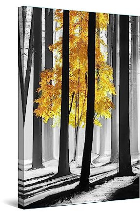 Startonight Impression sur Toile - Feuilles Jaunes Arbres Forêt Light Painting - Grande Tableau Decoration Murale Prêt à Accrocher Peinture Arbres Grande 80 x 120 cm Idée Cadeau Élégante et Originale