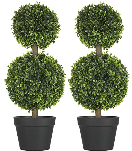 HOMCOM Lot de 2 Arbres buis Artificiel Double Boules avec Tronc et Pot Inclus - Hauteur 60 cm Vert