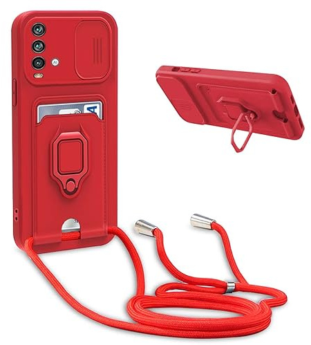 BGHHEU Handykette Schutzhülle kompatibel mit Xiaomi Redmi Note 9 Pro/Note 9S Handyhülle mit Band,Schiebe Kameraschutz,360 Grad Ringhalter Stand,Kartenfach,Verstellbarer Halskette Silikon hülle - Rot