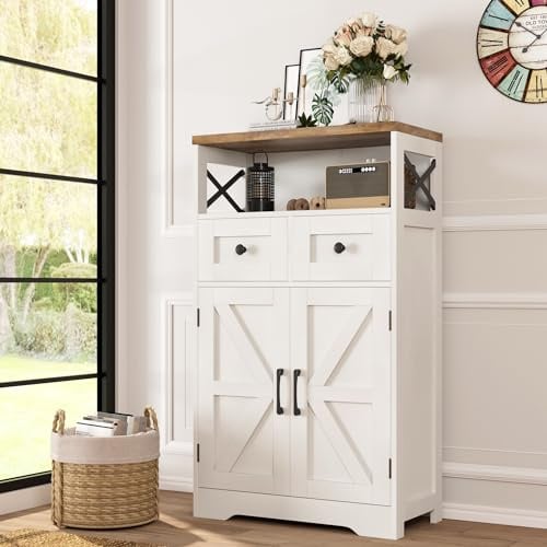 Befrases Farmhouse White Storage Cabinet with Doors and Drawers, Freestanding Kitchen Pantry Cabinet, Floor Storage Cabinet Hutch Cupboard for Kitchen, Living Dining Room, Bathroom