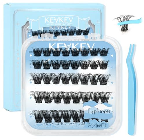 KevKev Self Adhesive Eyelashes Press On Lash Clusters Pre-Glued Cluster Lashes Self Stick Eyelash Clusters 1 Step DIY Lash Reusable No Glue No Remover Eyelashes Easy to Apply (Typhoon, D-8-16mix)