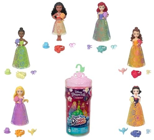 Mattel Disney Prinzessin Royal Color Reveal, kleine Puppe mit 6 Überraschungen, einschließlich duftendem Ring und 4 Zubehörteilen (Puppen können variieren), Gartenparty-Serie HRN63