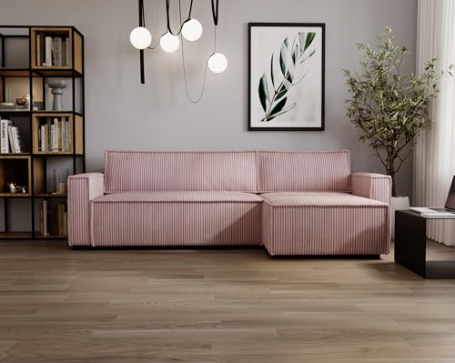 MKS MEBLE Ecksofa Cord Stoff, Cord Couch, Sofa mit Schlaffunktion und Bettkasten, Schlafsofa Cord, Couchgarnitur Ecke Bettcouch, Cord Stoff - Soria - Rosa Cord