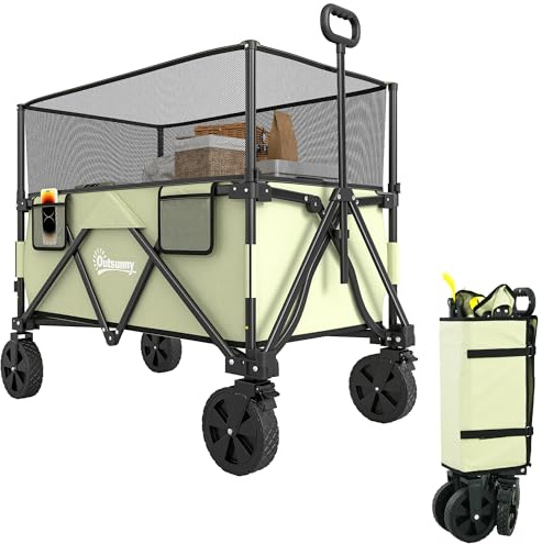 Outsunny 180L Festival Trolley auf Rädern, Faltbarer Campingwagen mit ausziehbaren Seitenwänden und Teleskopgriff, für Garten Strand Angeln, Hellgrün