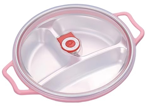 Mikrowellen Teller 1,3L: Mikrowellengeschirr mit Deckel und Handhaben, Runden Salatschüssel mit 3 Fach Aufteilung, Deckel mit Belüftung, Lunchbox Mikrowellen- und Spülmaschinenfest Kühlschrank (Rosa)