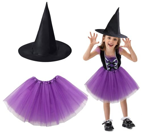 EUPSIIU Cappello Gonna Tutu Costume Halloween Donne Costume Da Strega Brillante Per Bambina Unisex di Halloween Carnevale Natale Capo Masquerade Costume Strega Set Cosplay da Mago (2 Pezzi)