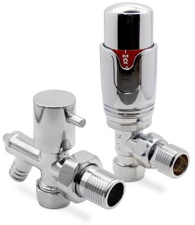 Chrome Drain Off Valve & Thermostatic TRV Angled Chrome Valve (Pair) for Towel Rails & Radiators 15mm Pipe Connection