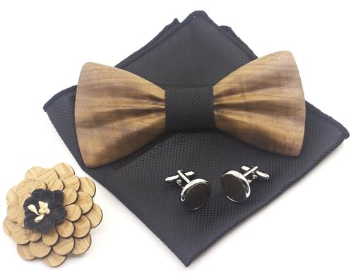 Cyriacus Ensemble Nœud papillon Bois pour Homme Mariage Fête Noeud Papillon,Boutons de Manchette,Mouchoir,Fleur Broche
