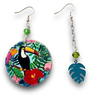Orecchini dipinti a mano - DETTAGLI TROPICALI, TUCANO E MONSTERA - Orecchini da donna, Gioielli dipinti a mano, Gancio in argento, Made in Italy, Lavorazione Artigianale
