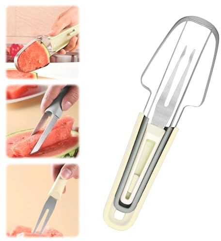 Vordpe Coupe-pastèque 3 en 1, coupe-pastèque, coupe-pastèque, coupe-pastèque, coupe-melon en acier inoxydable, fourchettes à fruits pour le camping (Beige)