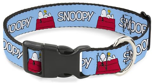 Peanuts Worldwide LLC Hundehalsband, Kunststoffschnalle, Peanuts Snoopy und Woodstock Hundehütte, Pose und Text, Himmelblau, 17,8 bis 21,6 cm, 1,3 cm breit