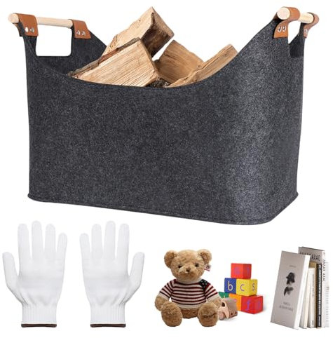 Cesta de madera XXL para leña: cesta de fieltro con asas de transporte, cesta grande para leña, cesta de leña extragruesa, cesta de almacenamiento para ropa, frutas, leña, periódicos (60 x 40 x 40 cm,