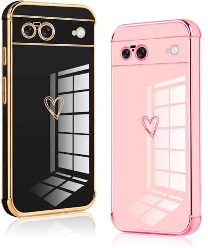 Vauki 2 Packs Coque pour Google Pixel 8a 6.1, Ultra Fine Souple TPU Silicone Antichoc Housse Étui avec Motif Coeur et Bordure Dorée Case Protection pour Fille pour Pixel 8a, Noir et Rose