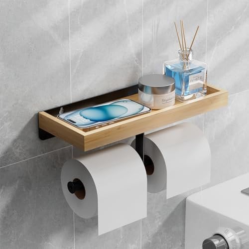 Toilet Roll Holder Wall Mounted - SWTYMIKI No Drill Adhesive Dual-Roll Toilet Paper Holder with Wood Shelf for Storage, Rustproof Tissue Loo Roll Dispenser Holder for Bathroom and Kitchen, Brown