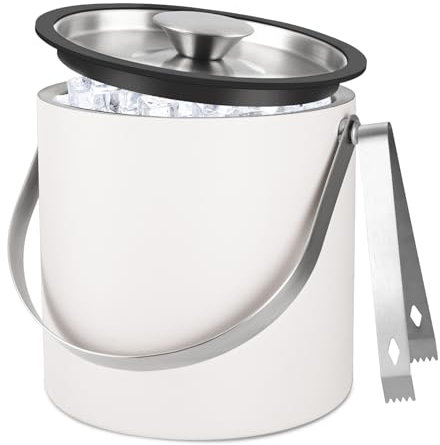 Bakpoco Isolierter Eiskübel mit Silikondeckel, Schaufel, Zange & Sieb, 3L Edelstahl Doppelwand Eiskübel für Partys & Cocktailbar, Champagner Eiskübel mit Deckel für Gefrierschrank, Elfenbein