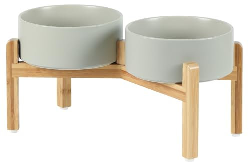 Havniva Keramik-Doppelbechersatz 18,5 cm mit Erhöhständer, Futter- und Wasserbecher für mittelgroße Hunde, gewichtete Hundefressschalen, Petbecher (1,3 l, Grau)