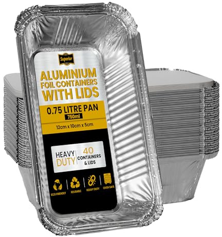 Superior Deep Foil Containers with Lids for Baking &, 750ml Pack of 40 | Sturdy trays ideal for storage, roasting, and cooking | Reusable food containers for small to medium sized family meals