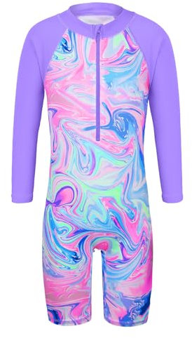 HUAANIUE Girls UPF 50+ UV One Piece Swimwear Kids Bodysuit Beachwear with Ziper Surfing Pink Swimming Children Bathing Costume 4-11 Years(PurpleAgate,140/146)