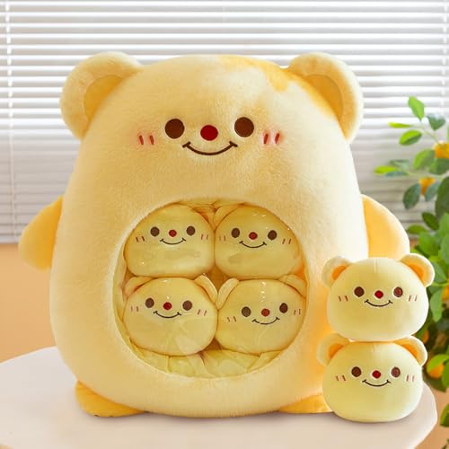 MeHoo Niedliches Snack Kissen mit Plüschtieren,Weiches Pudding Plüsch Wurfkissen mit Herausnehmbaren Plüschpuppen,Kreatives Umarmungskissen,Dekoratives Kissen für Zuhause(Bär)