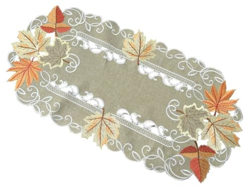 Tischläufer Tischdecke Mitteldecke Deckchen Leinen-Optik Herbst Blätter Grün (ca. 35x70 cm oval)