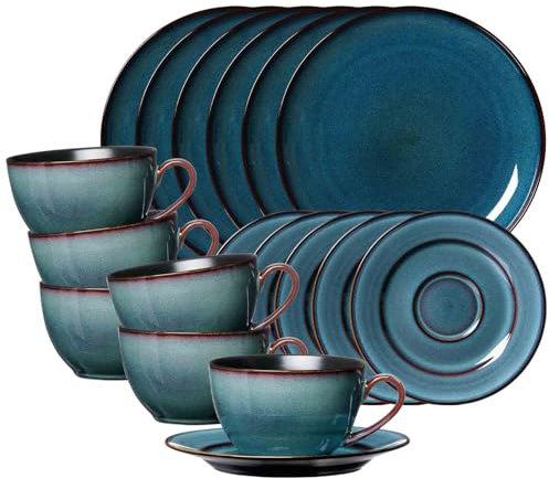 Ritzenhoff & Breker Bali Kaffeeservice 18-teilig, Kaffeetassen (220 ml) mit Untertassen und Dessertteller (20,5 cm) für 6 Personen, Skandinavisches Design mit Reaktivglasur, Steinzeug, Blau