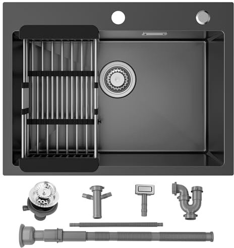 Sofetiy Spüle 60x45 cm Schwarz, Küchenspüle Anthrazit Edelstahl, Moderne Einbauspüle Rechteckig, Edelstahl Spülbecken für Unterschrank ab 60 cm, Spüle, Waschbecken Küche mit Hahnloch