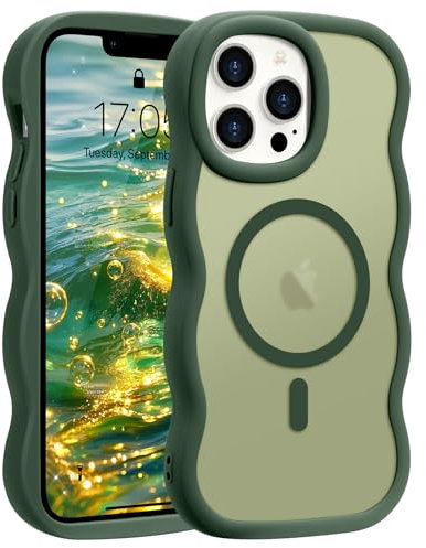 Pepmune Magnetic for iPhone 13 Pro Case [Compatible with Magsafe] Translucent Matte Cute Curly Wave Frame Phone Case,Soft TPU Bumper Slim Fit Shockproof Protective Cover for Men Women-Dark Green