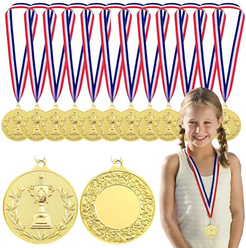 SUQ 12PCS Medaillen für Kinder, Goldmedaillen mit Tricolor Nylon Ribbo, 2-Zoll Gewinner Medaillen für Kinder, Sport, Partei, Auszeichnungen, Team Geschenke