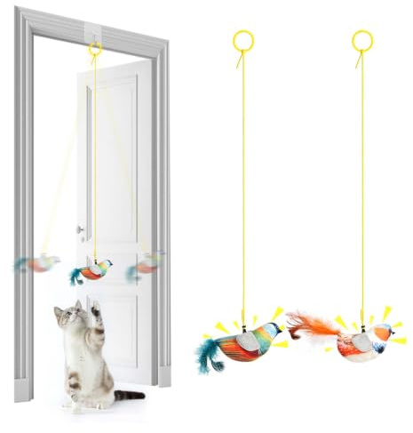 AYESY Interaktives Katzenspielzeug Vogel，2 Stück Simulation Vogel Katzenspielzeug mit Zwitschern Katzenminze Spielzeug Hängt an Tür für Katzen mit Elastisches Seil zum Trainieren und Spielen