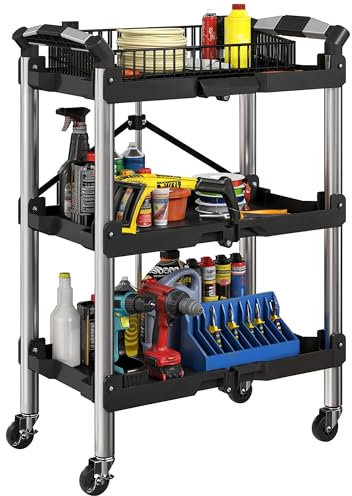 HOMCOM Carro de herramientas plegable de 3 niveles con asa, carro de montaje para almacén, garaje, hasta 68 kg, color negro