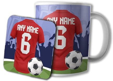 AK Giftshop Personalised Football Mug and Coaster Gift Set, 320ml Ceramic Cup, Sports Jersey Design with Name & Number On Shirt (Manchester Colours)