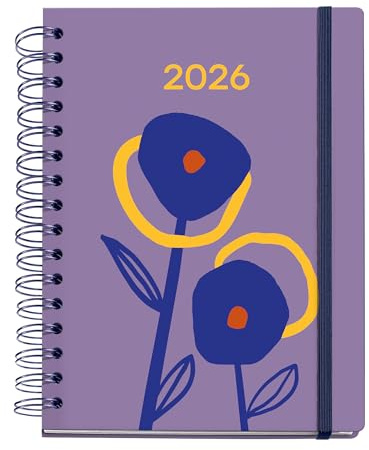 Miquelrius - Wochenansicht Agenda 2026, Größe 160 x 218 mm, Wochenplanung, Doppelspirale, Einband aus laminiertem Karton, 100 g/m² Papier, 6 Sprachen, Sticker, Margeriten-Kollektion, Blumen