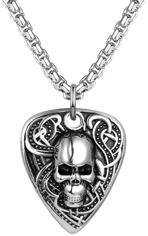 Flongo Gitarren Plektrum Halskette für Herren: Gold Totenkopf Punk Rock Edelstahl Anhänger mit Gravuroption - Personalisierte Gitarrenpick Halter Kette - Musik Geschenk für Gitarristen