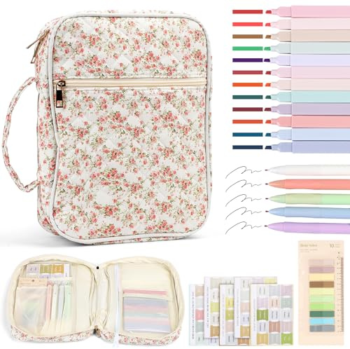 Kit Étude Biblique, Housse de Protection pour la Bible Multi-Poches avec Feutres Stylos et Marque-Pages, Étui de Protection pour Bible pour Baptêmes, Confirmations, Anniversaires et Noël (Rose)