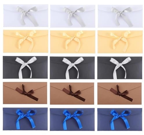 AEKZOX 15 Stück Bunte Briefumschläge Geschenkverpackung für Konzertkarten und Gutscheine Farbige Umschlag aus Kraftpapier mit Bändern Geschenkumschlag für Weihnachten
