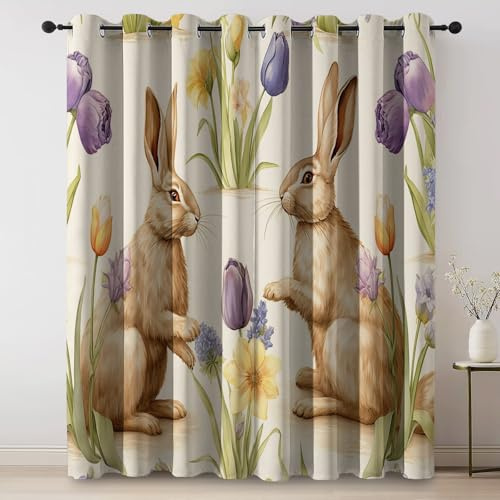 Vorhang mit Ösen Beige Verdunkelungsvorhänge - Aquarell Ostern Hasen-Strichzeichnung Druck Muster Thermovorhang Blickdicht Gardinen für Deko Schlafzimmer Dekorative, H 160 x B 70 cm (2er Pack)