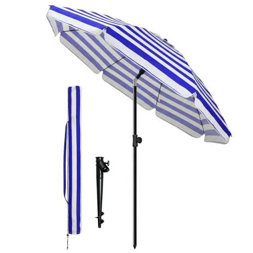 VOUNOT® Sombrilla Playa Grande Ø200cm y Soporte Arena Mástil Inclinable Altura Regulable Protección UV 50 Parasol con Techo Ventilación Bolsa Transporte para Playa Terraza Camping Rayas Azules Blancas