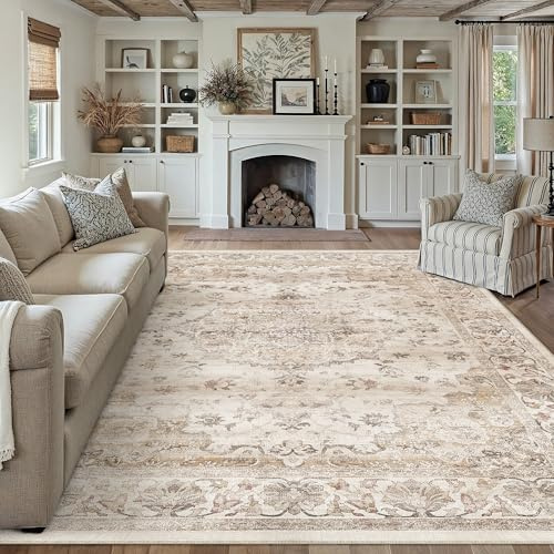 PureCozy Waschbarer Teppich Wohnzimmer 300x400cm Vintage Tepich,Beige | Weich Kurzflor Groß XXL Carpet, Rutschfest, Leicht, Schlafzimmer, Esszimmer, Büro, Kinderzimmer
