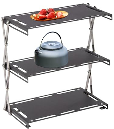 Camping Shelves Stainless Steel 3-Tier Display Table | Folding Shelf Storage Rack for Camping Picnic Fishing Yard Backyard BBQ Indoor Outdoor