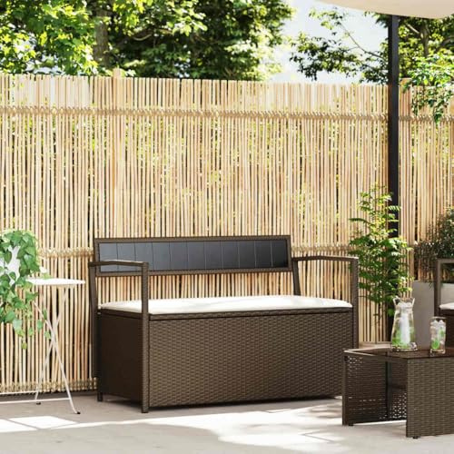 Bucmath Gartenbank mit Stauraum und Kissen, Braun Poly Rattan, 111,5 cm breit, wasserfest, UV-beständig, für Garten und Terrasse